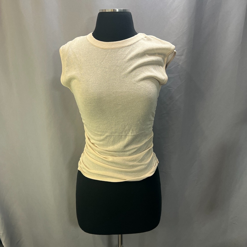 Zara Knitted Top Womens‎ Small Beige Gathered Sides Sleeveless Ribbed Crew Neck